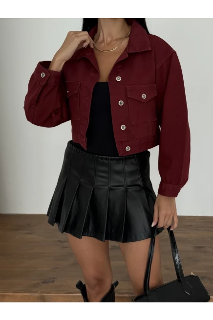 Çift Cep Denim Crop Ceket Bordo
