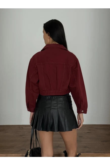 Çift Cep Denim Crop Ceket Bordo