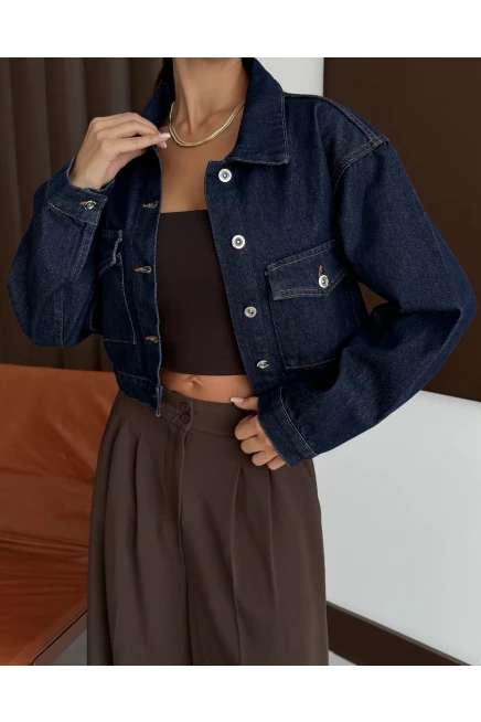 Çift Cep Denim Crop Ceket Lacivert