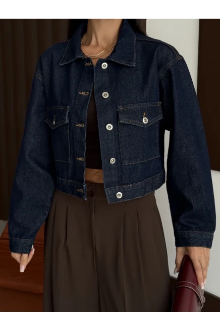 Çift Cep Denim Crop Ceket Lacivert