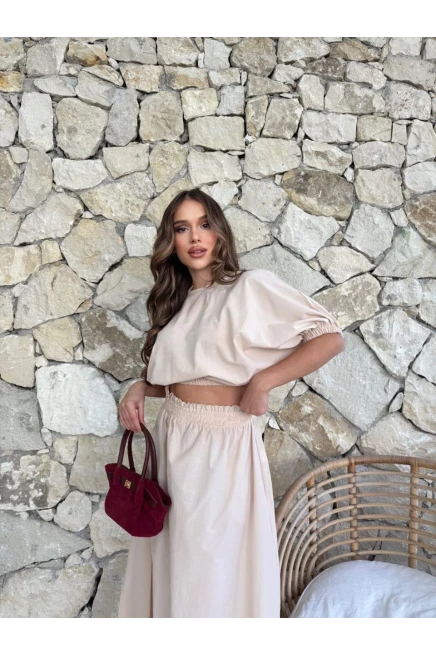 Crop Bluz ve Etek Alt Üst Takım Bej