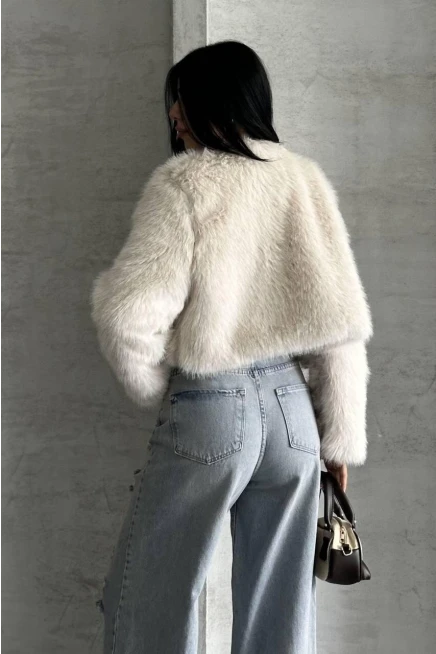 Crop Kürk Ceket Bej