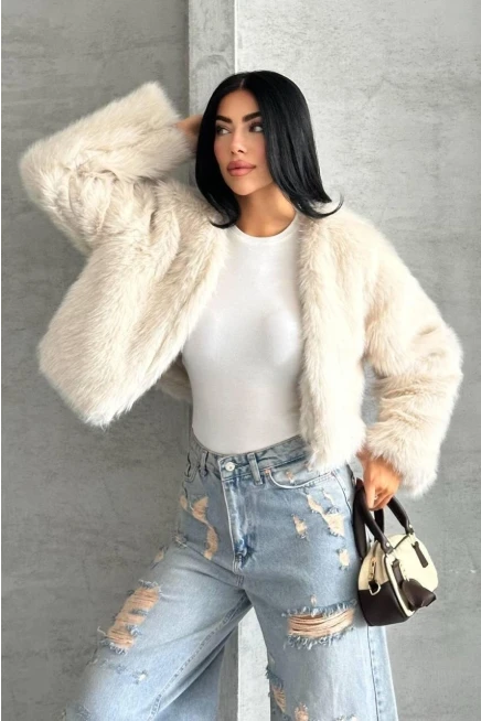 Crop Kürk Ceket Bej