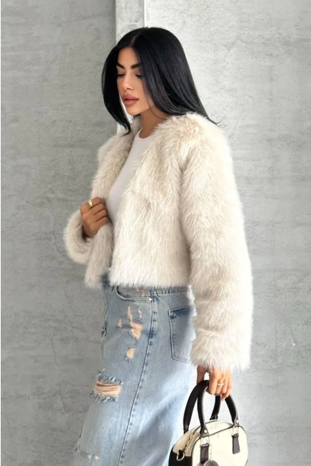 Crop Kürk Ceket Bej
