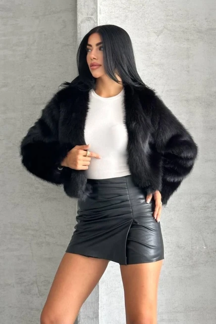 Crop Kürk Ceket Siyah