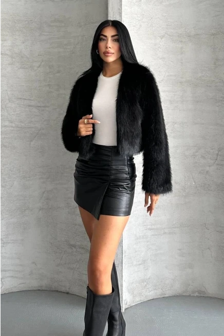 Crop Kürk Ceket Siyah