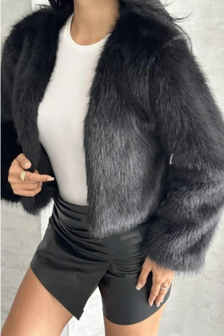 Crop Kürk Ceket Siyah