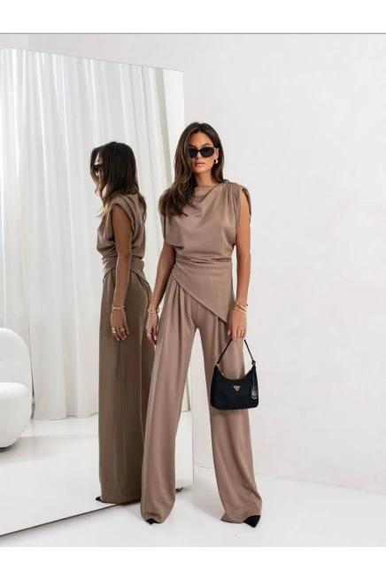 Dalgıç Kumaş Pantalon Bluz Takım Kahverengi