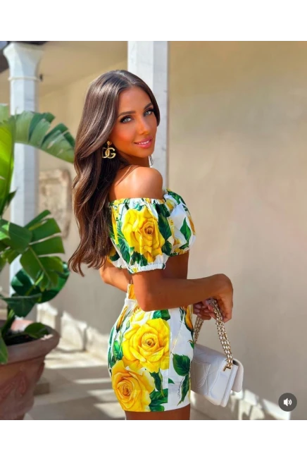 Desenli Crop ve Şort İthal Krep Kumaş Takım