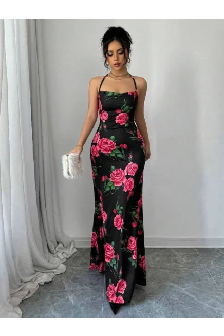 Dijital Baskı Sırt Detay Full Likra Maxi Elbise