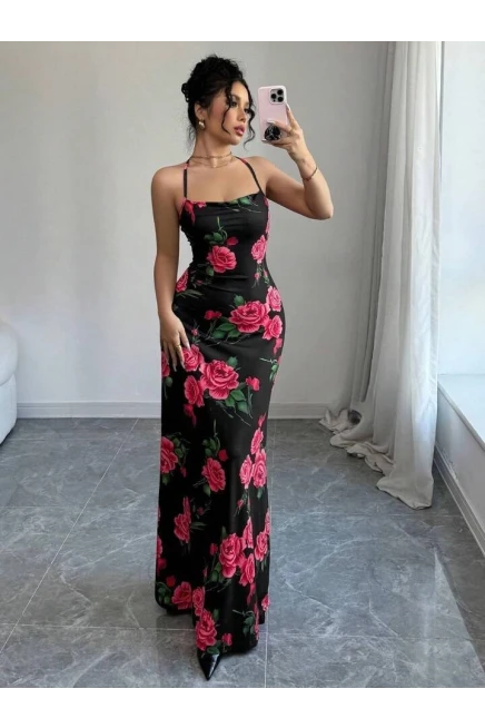 Dijital Baskı Sırt Detay Full Likra Maxi Elbise