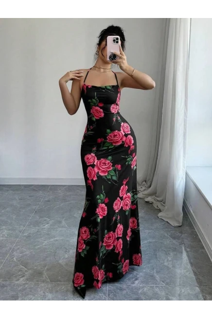 Dijital Baskı Sırt Detay Full Likra Maxi Elbise
