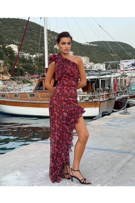 Dijital Baskılı Drapeli Astarlı Maxi Elbise Bordo