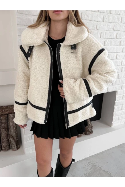 Ekru Oversize Toka Detay Peluş Kaban