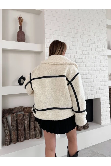 Ekru Oversize Toka Detay Peluş Kaban