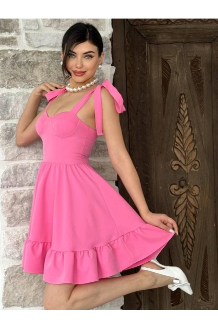 İp Askılı Bağlamalı Atlas Elbise Pembe
