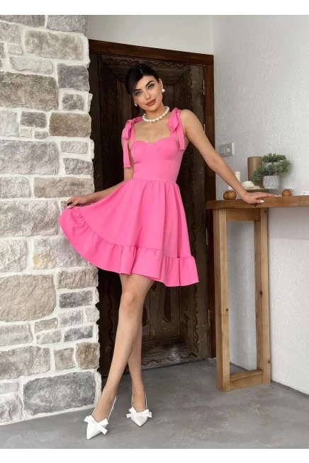 İp Askılı Bağlamalı Atlas Elbise Pembe