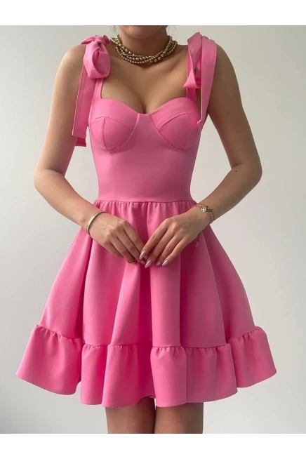 İp Askılı Bağlamalı Atlas Elbise Pembe