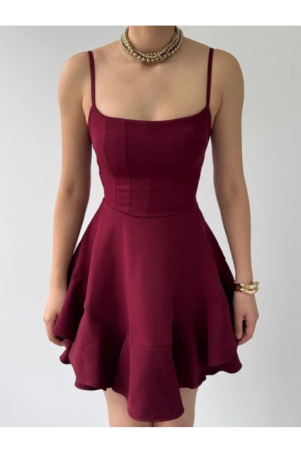 İp Askılı Mini Elbise Bordo