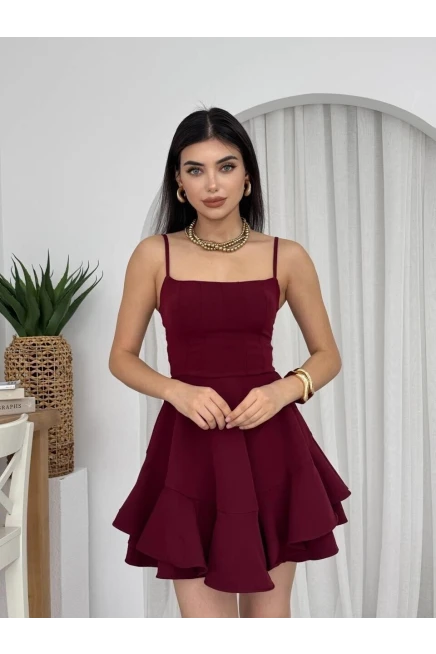 İp Askılı Mini Elbise Bordo