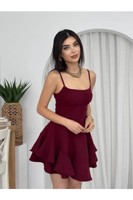 İp Askılı Mini Elbise Bordo