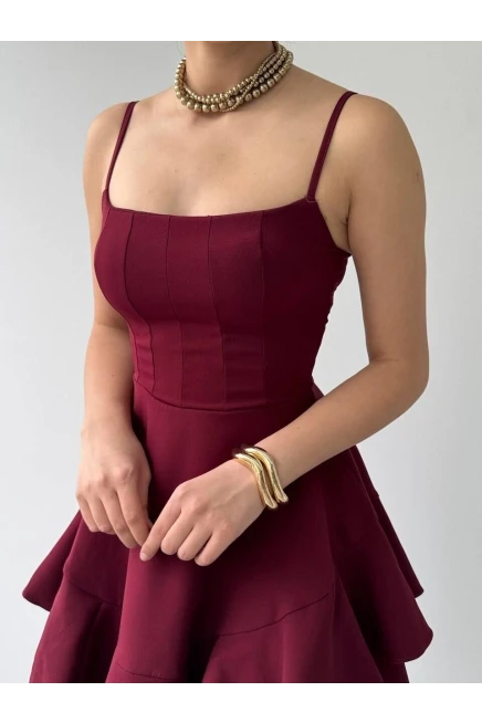 İp Askılı Mini Elbise Bordo