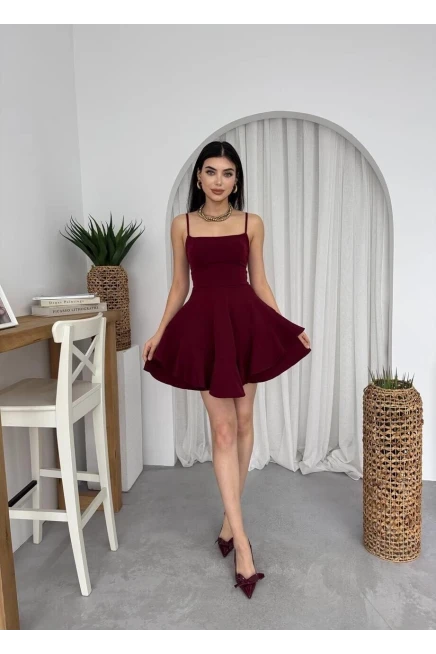 İp Askılı Mini Elbise Bordo