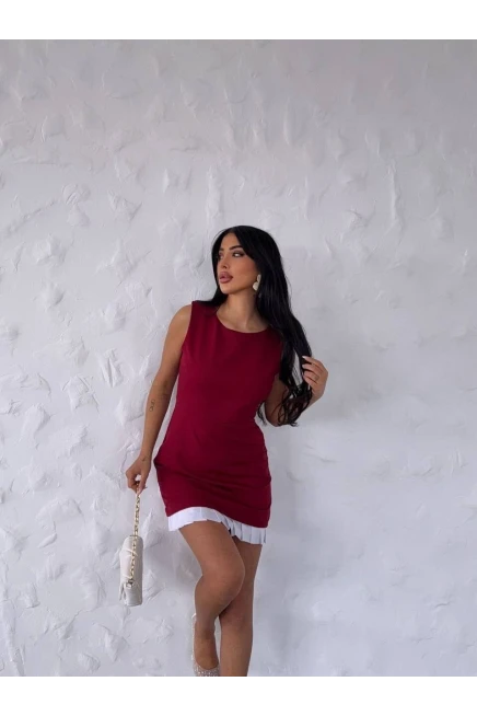 İthal Dabıl Kumaş Pileli Elbise Bordo