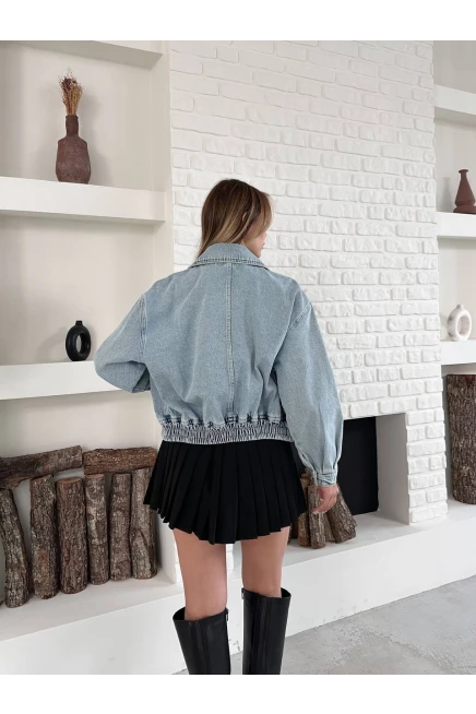 Kadın Açık Mavi Fermuarlı Oversize Kot Mont