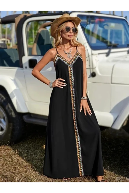 Askılı V Yakalı Etnik Şerit Detaylı Uzun Viskon Elbise