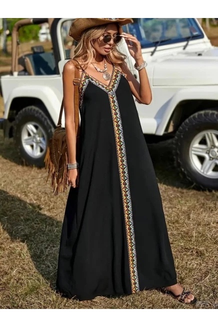 Askılı V Yakalı Etnik Şerit Detaylı Uzun Viskon Elbise