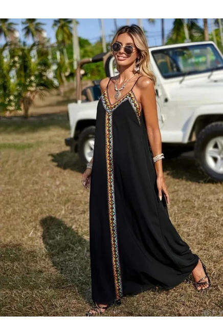 Askılı V Yakalı Etnik Şerit Detaylı Uzun Viskon Elbise