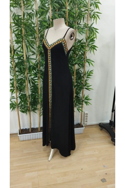 Askılı V Yakalı Etnik Şerit Detaylı Uzun Viskon Elbise