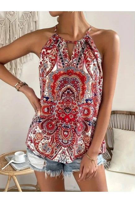 Halter Kollu Damla Detaylı Desenli Süprem Bluz