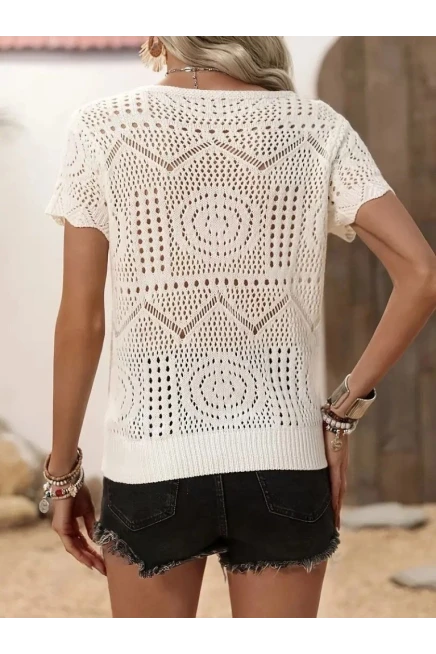 Kısa Kollu Bisiklet Yaka Desenli Triko Bluz