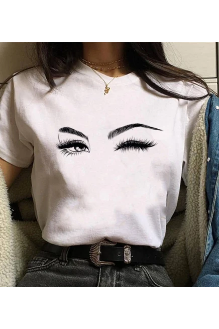 Kadın Kısa Kollu Bisiklet Yaka Göz Baskılı Süprem T-shirt