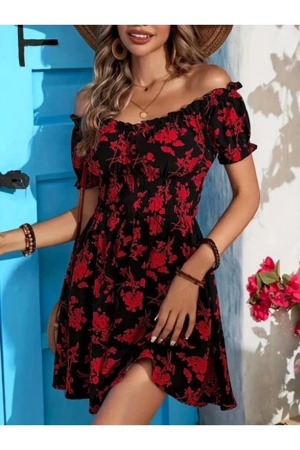 Kısa Kollu Madonna Yaka Desenli Kısa Süprem Elbise