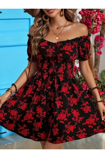 Kısa Kollu Madonna Yaka Desenli Kısa Süprem Elbise