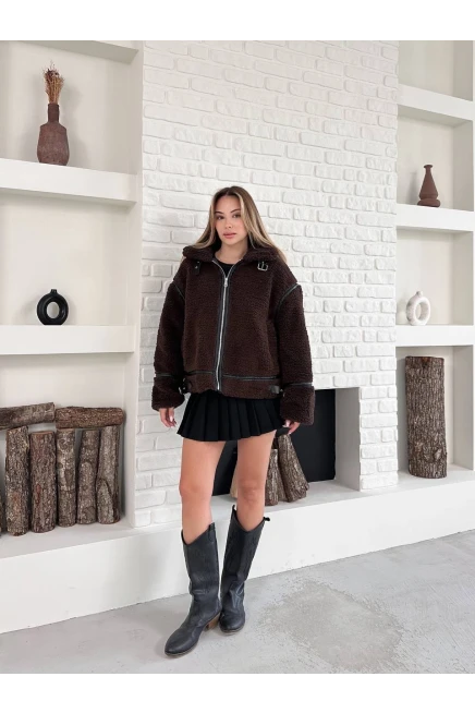Kahve Oversize Toka Detay Peluş Kaban