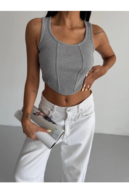 Kaşkorse Crop Bluz Gri