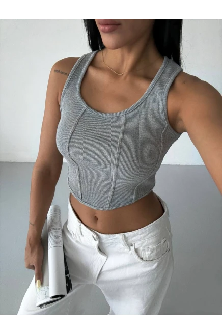 Kaşkorse Crop Bluz Gri