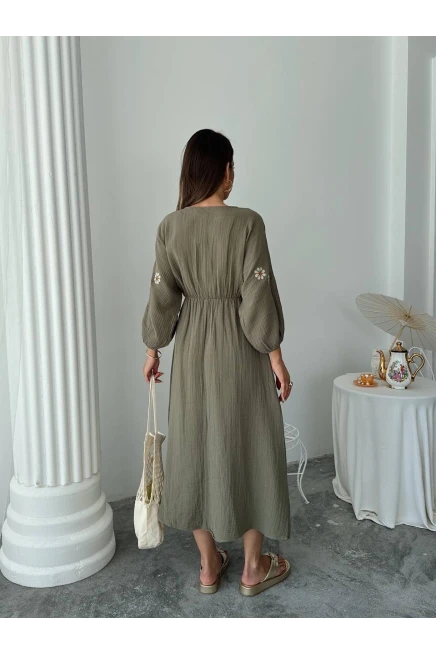 Kol Nakış Detay Müslin Elbise Haki
