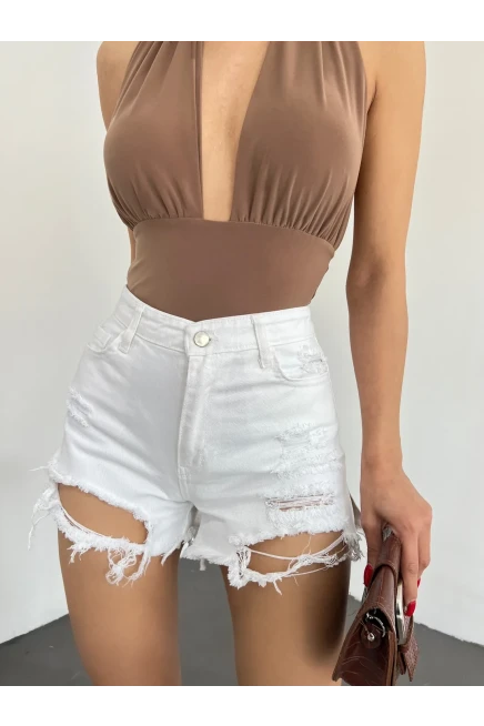 Lazer Yırtıklı Mini Denim Şort Beyaz