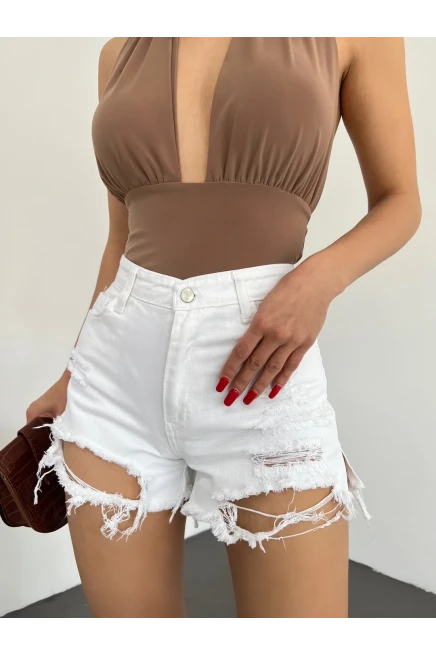 Lazer Yırtıklı Mini Denim Şort Beyaz