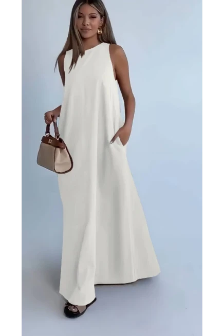 Modal Kumaş Cepli Elbise Beyaz