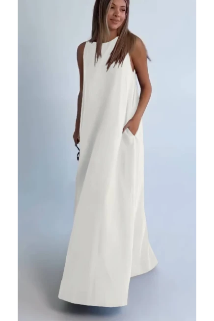 Modal Kumaş Cepli Elbise Beyaz
