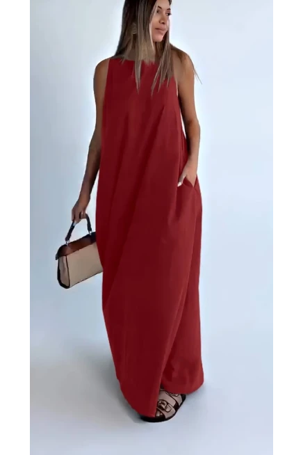 Modal Kumaş Cepli Elbise Bordo