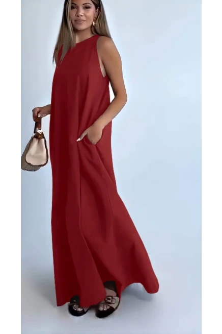 Modal Kumaş Cepli Elbise Bordo