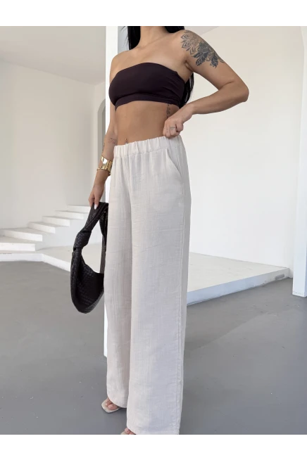 Müslin Kumaş Bol Paça Pantalon Ekru