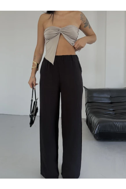 Müslin Kumaş Bol Paça Pantalon Siyah